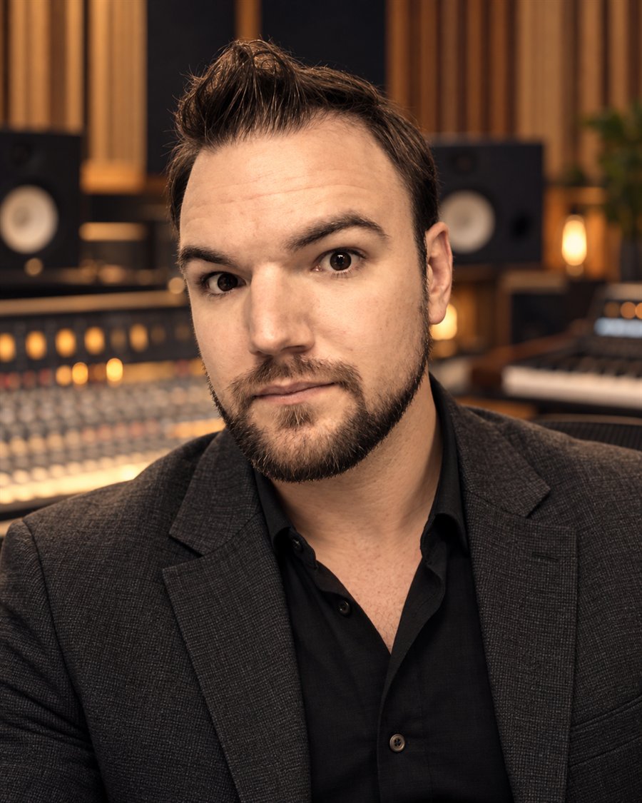 Portrait of Curtis Cornell, pianist and music educator, seated in a recording studio